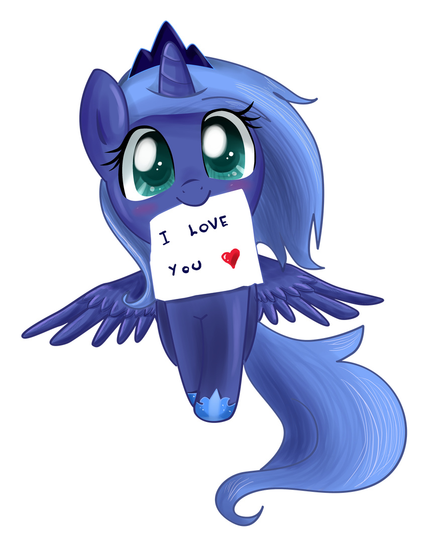 absurd_res blue_eyes blue_hair blush crown cub cute cutie_mark english_text equine female feral friendship_is_magic fur hair hi_res horn horse looking_at_viewer mammal my_little_pony note paper plain_background pony pridark princess princess_luna_(mlp) purple_eyes royalty smile solo text winged_unicorn wings young