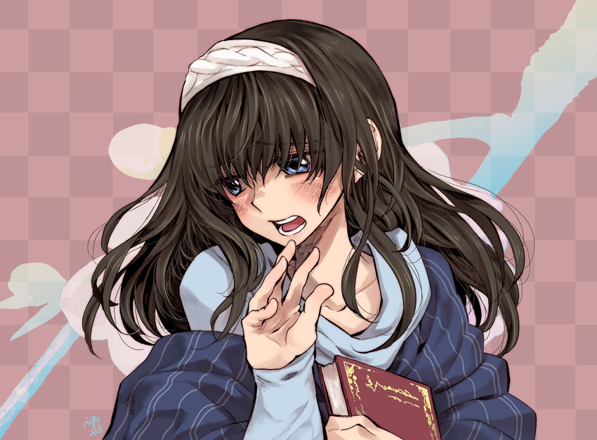 bangs blue_eyes blush book brown_hair checkered checkered_background hairband holding holding_book idolmaster idolmaster_cinderella_girls long_hair looking_away open_mouth sagisawa_fumika shawl solo takanashi_ringo