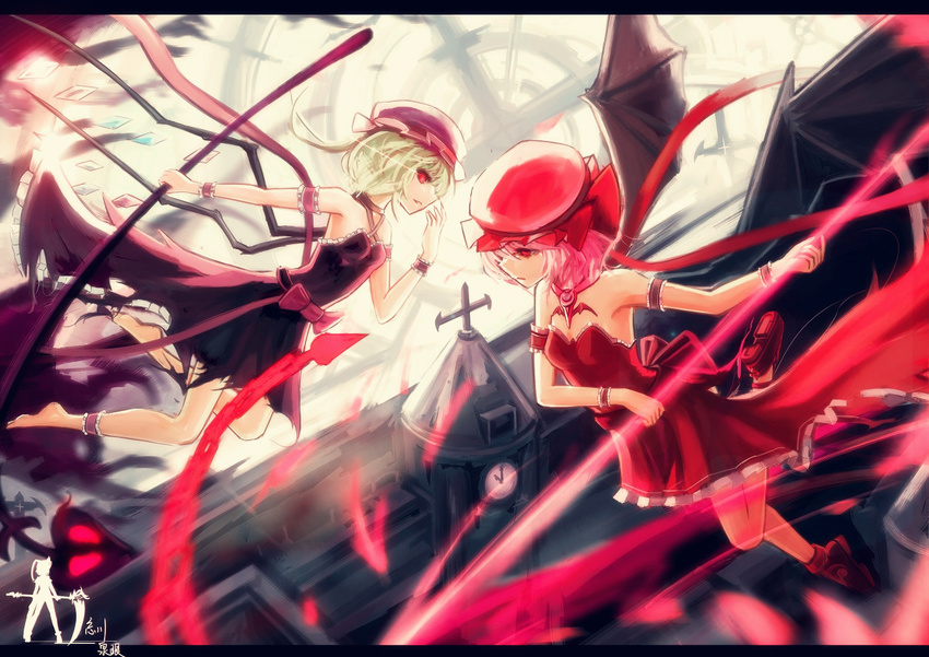 alternate_costume alternate_hair_color arm_ribbon bad_id bad_pixiv_id barefoot bat_wings clock clock_tower dress flandre_scarlet hat hat_ribbon jewelry laevatein letterboxed light_trail multiple_girls necklace pendant pink_hair purple_dress red_eyes red_footwear red_skirt remilia_scarlet ribbon scarlet_devil_mansion shoes siblings silver_hair sisters skirt spear_the_gungnir touhou tower wangchuan_de_quanyan wings wrist_cuffs