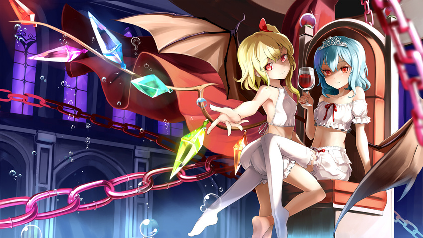 alcohol alternate_costume ass bare_shoulders barefoot bat_wings beckoning blonde_hair bloomers blue_hair blush chain crown cup drinking_glass emerane fang flandre_scarlet hair_ribbon lavender_hair multiple_girls navel outstretched_arm outstretched_hand red_eyes remilia_scarlet revision ribbon short_hair siblings side_ponytail sisters sitting smile straddling thighhighs throne tiara touhou underwear underwear_only white_bloomers white_legwear window wine wine_glass wings