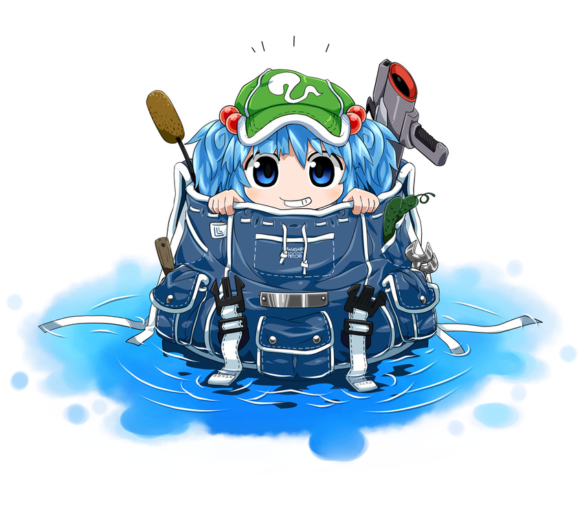 backpack bag blue_eyes blue_hair byourou cattail cucumber energy_gun grin hair_bobbles hair_ornament hat hiding in_bag in_container kawashiro_nitori laser_rifle looking_at_viewer plant smile solo super_scope touhou two_side_up water weapon wrench