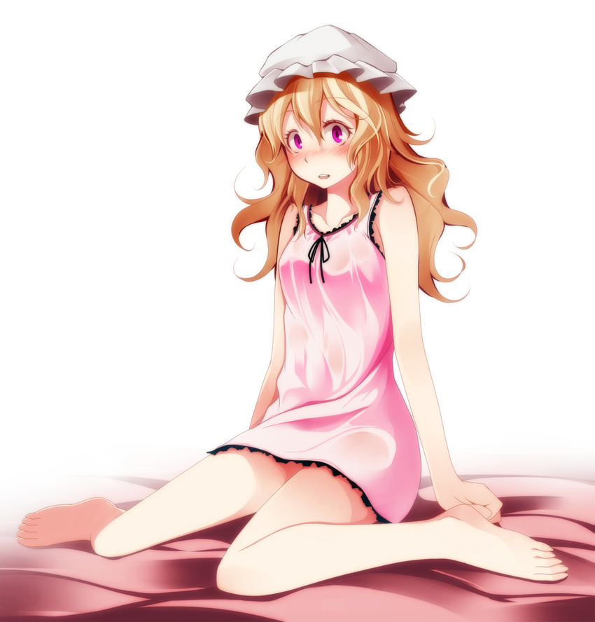absurdres bad_id bad_pixiv_id bare_arms bare_legs bare_shoulders barefoot blonde_hair blush collarbone hat highres long_sleeves maribel_hearn mob_cap night nightgown open_mouth purple_hair s-syogo solo touhou