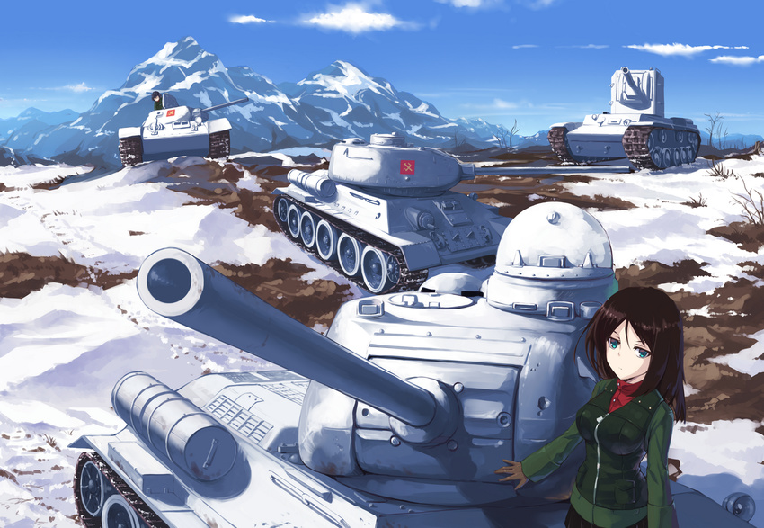 blue_eyes breasts brown_hair caterpillar_tracks emblem fangdan_runiu frown girls_und_panzer gloves ground_vehicle jacket kv-2 long_hair medium_breasts military military_uniform military_vehicle motor_vehicle multiple_girls nonna pravda_(emblem) pravda_military_uniform snow t-34 tank uniform