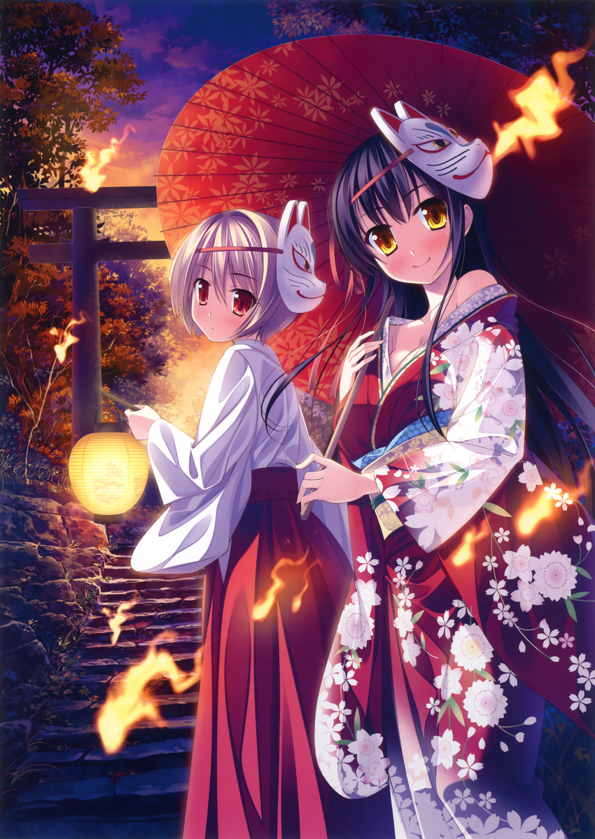 2girls absurdres highres japanese_clothes kimono lantern mask miko multiple_girls yamakaze_ran yukata