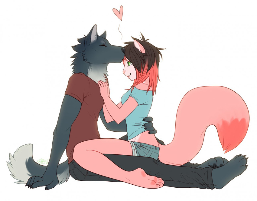 &lt;3 anthro canine cat clothing couple duo eyes_closed feline female green_eyes hair kissing male mammal on_top piranhapettingzoo plain_background shorts smile straddling two_tone_hair wolf