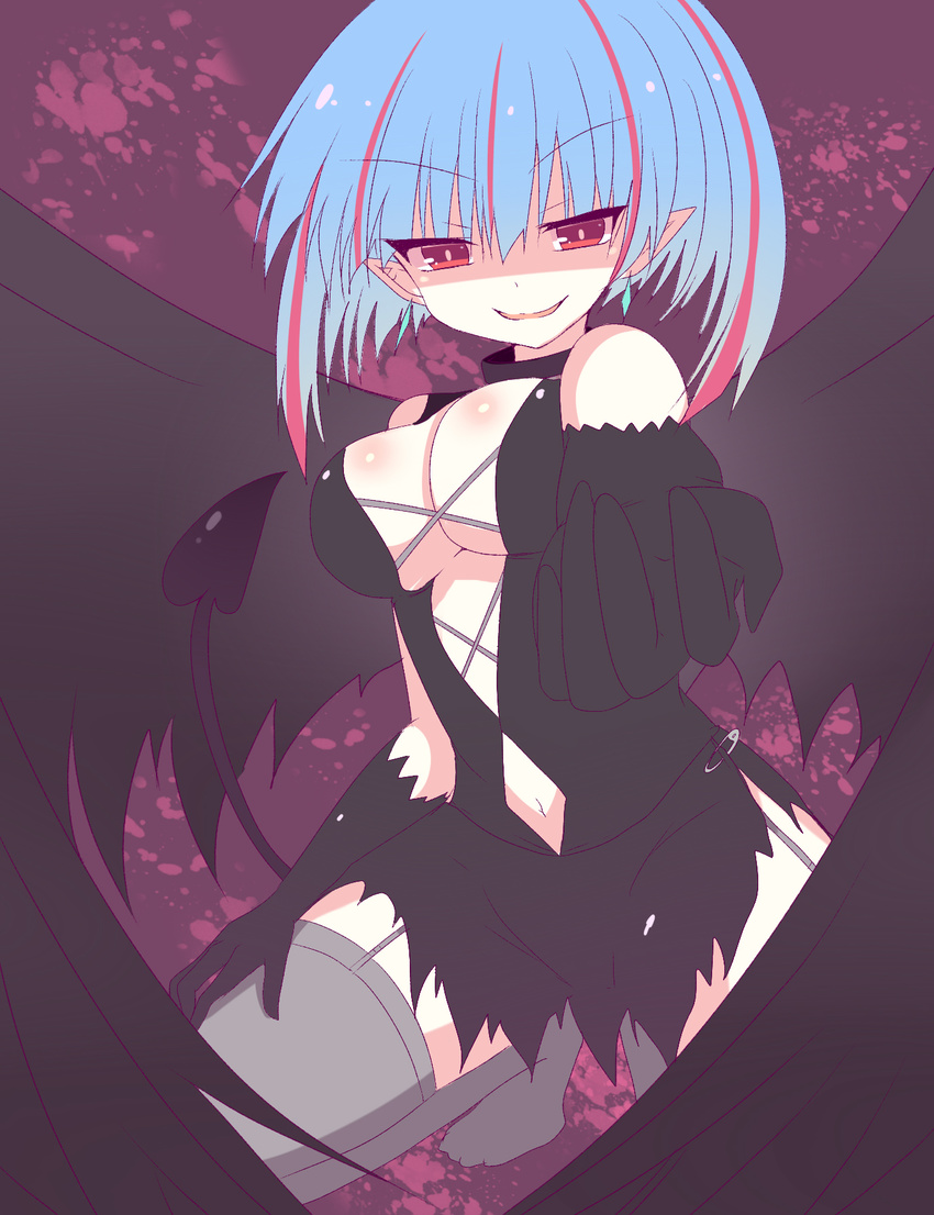 black_wings blue_hair breasts demon_tail gloves highres large_breasts looking_at_viewer original pointy_ears red_eyes short_hair smile smirk solo suzune_rena tail thighhighs wings