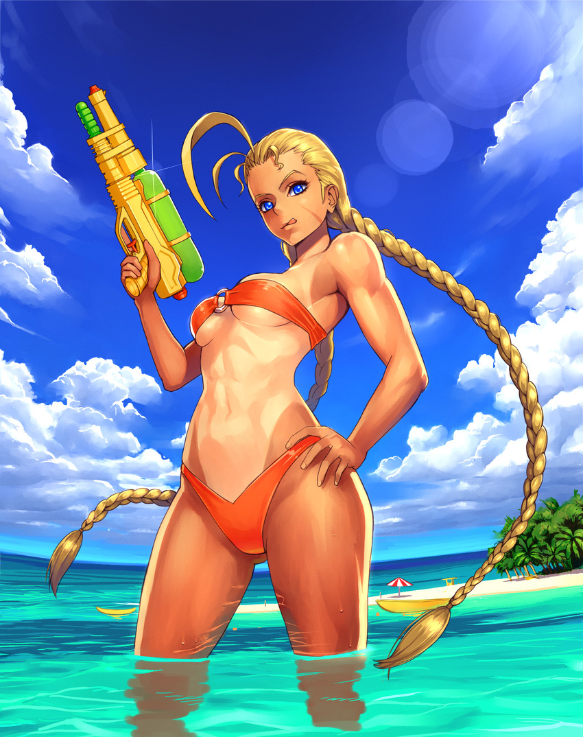 :q abs antenna_hair bandeau beach beach_umbrella bikini blonde_hair blue_eyes blue_sky braid breasts cammy_white cloud day fisheye hair_pulled_back hair_strand hand_on_hip highres holding horizon lens_flare licking_lips long_hair looking_at_viewer medium_breasts o-ring o-ring_top ocean ogami one-piece_tan orange_bikini outdoors palm_tree sky solo strapless strapless_bikini street_fighter super_soaker swimsuit tan tanline toned tongue tongue_out tree trigger_discipline twin_braids umbrella very_long_hair wading water water_gun weapon
