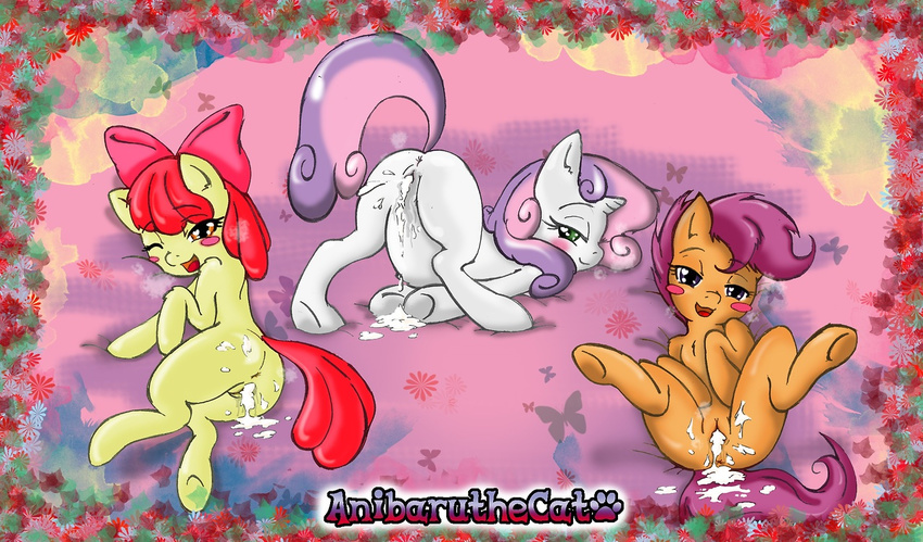 anus apple_bloom_(mlp) blush bow cub cum cum_in_pussy cum_inside cutie_mark_crusaders_(mlp) equine female feral friendship_is_magic hair horn my_little_pony purple_eyes purple_hair pussy red_hair scootaloo_(mlp) sweetie_belle_(mlp) two_tone_hair young