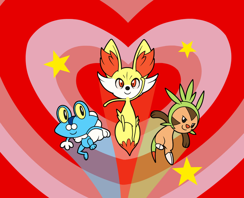 &gt;:) &lt;3 amphibian anime black_nose black_skin blue_body blue_skin brown_fur canine cartoon_network chespin claws crossover fennec fennekin flying fox froakie frog fur group happy hi_res japanese lizard looking_at_viewer looking_up mammal nintendo pattern_background pink_background plain_background pok&#233;mon pok&eacute;mon powerpuff_girls raised_arm raised_leg red_background red_eyes red_fur red_nose red_skin reptile scalie simple_background skin smile star unknown_artist video_games white_fur yellow_fur