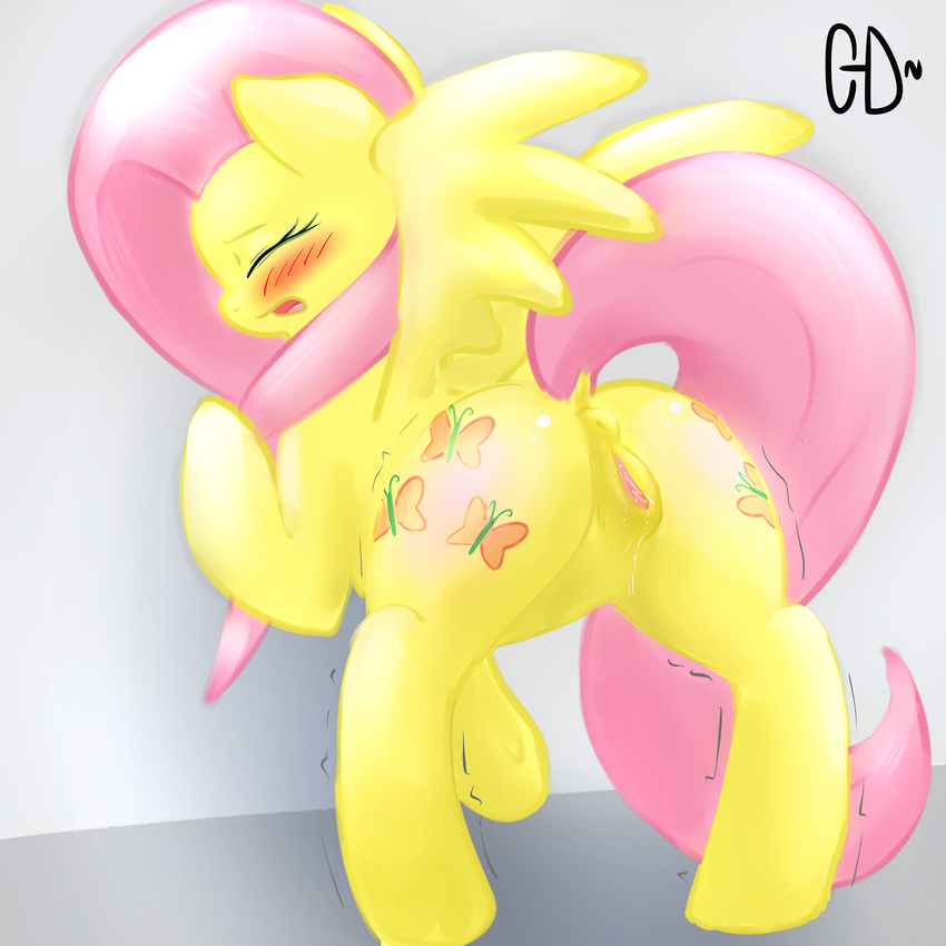 anus blush butt clopper-dude cutie_mark equine eyes_closed female feral fluttershy_(mlp) friendship_is_magic fur hair mammal my_little_pony open_mouth pegasus pink_hair pussy pussy_juice signature solo wings yellow_fur