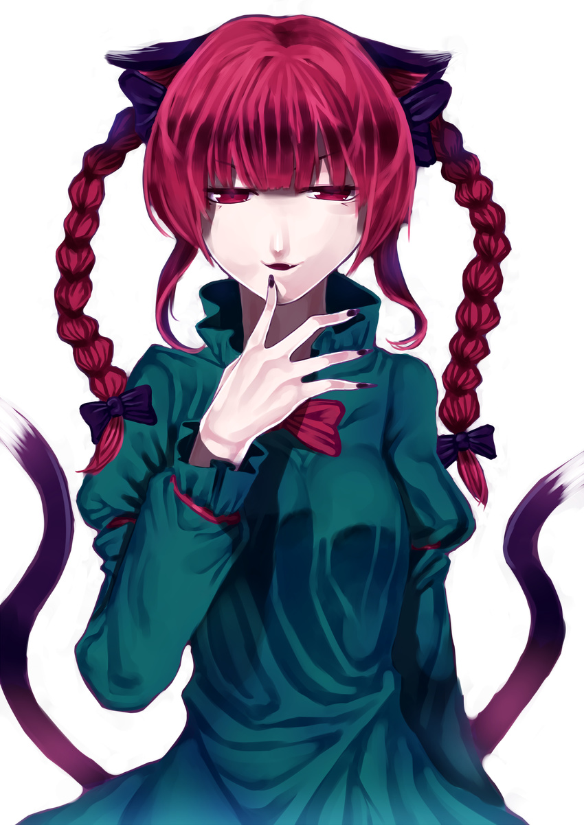 absurdres animal_ears bow braid cat_tail fingernails hair_bow highres kaenbyou_rin red_eyes red_hair solo tail touhou transparent_background uu_uu_zan