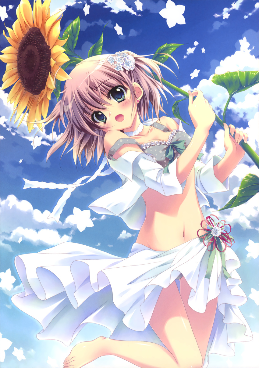 absurdres barefoot bikini blush bow breasts cloud copyright_request day earrings flower green_eyes hair_flower hair_ornament highres izumi_tsubasu jewelry legs looking_at_viewer medium_breasts navel open_clothes open_mouth open_shirt polka_dot purple_hair sarong shiny shiny_skin shirt short_hair sky solo sunflower swimsuit thigh_gap white_sarong wind wind_lift