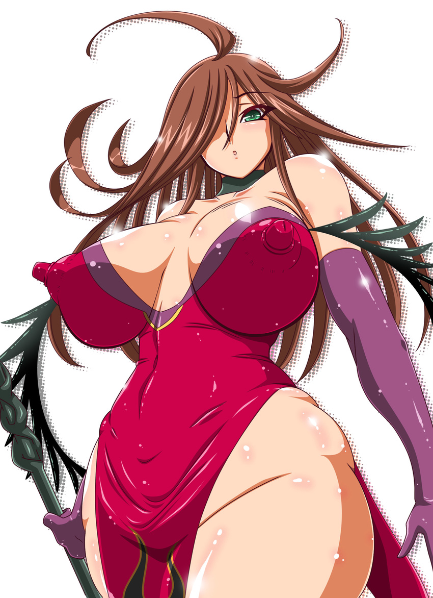 1girl absurdres ahoge areolae breasts brown_hair choker covered_nipples curvy elbow_gloves erect_nipples female gloves green_eyes hair_over_one_eye highres huge_breasts impossible_clothes long_hair mound_of_venus no_panties nyx queen's_blade queen's_blade shiny simple_background solo staff standing white_background wide_hips yukimaru_(gojo)