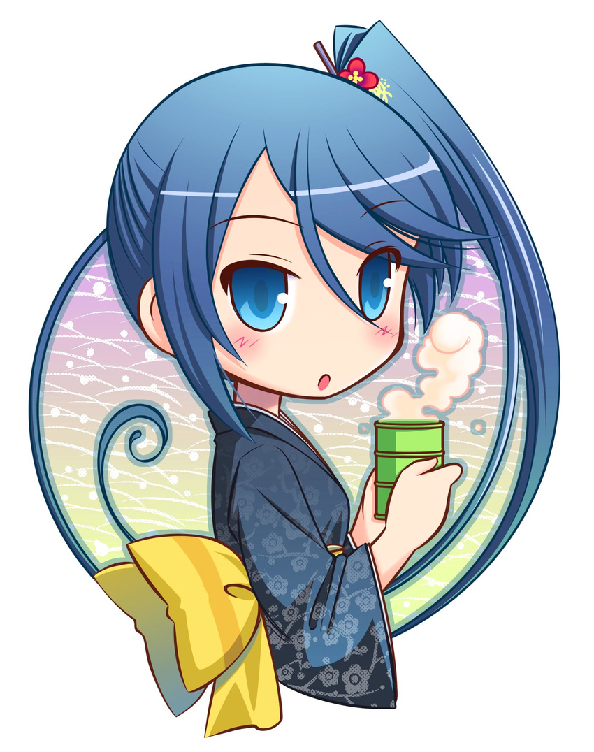 blue_eyes chibi cup hataraku_maou-sama! highres japanese_clothes kamazuki_suzuno kimono noumiso_hoehoe side_ponytail teacup