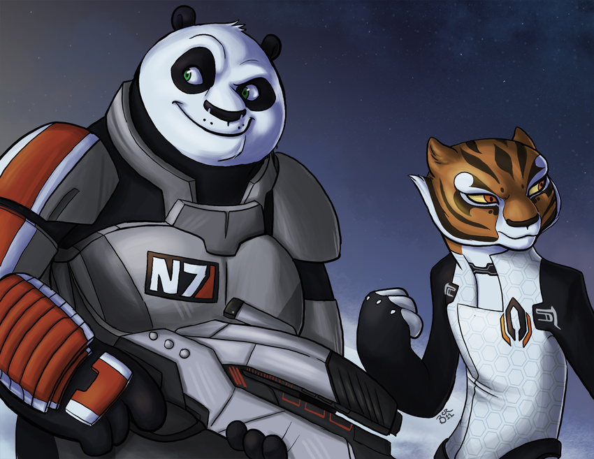 bear bodysuit crossover feline female green_eyes gun kung_fu_panda male mammal mass_effect master_tigress panda po ranged_weapon red_eyes skinsuit smile tiger wallabri weapon