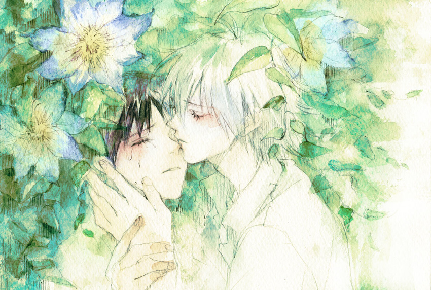 closed_eyes couple flower ikari_shinji kiss male_focus multiple_boys nagisa_kaworu neon_genesis_evangelion tears traditional_media vll watercolor_(medium) yaoi