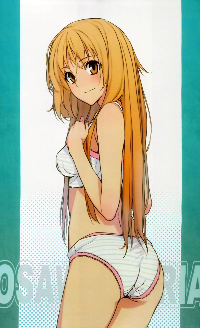 428 absurdres ass bra breast_suppress brown_eyes canaan highres huge_filesize light_smile long_hair looking_back morii_shizuki oosawa_maria orange_hair panties scan sidelocks solo striped striped_bra striped_panties underwear underwear_only