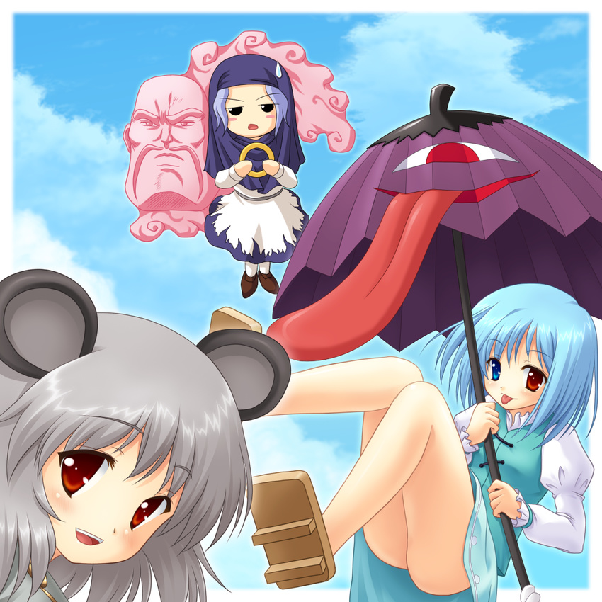 :p animal_ears blue_hair blush bracelet edajima_heihachi geta grey_hair heterochromia hood jewelry karakasa_obake kumoi_ichirin mouse_ears multiple_girls nazrin purple_umbrella red_eyes sakigake!!_otokojuku short_hair sweatdrop tatara_kogasa tongue tongue_out touhou umbrella unzan yamasan