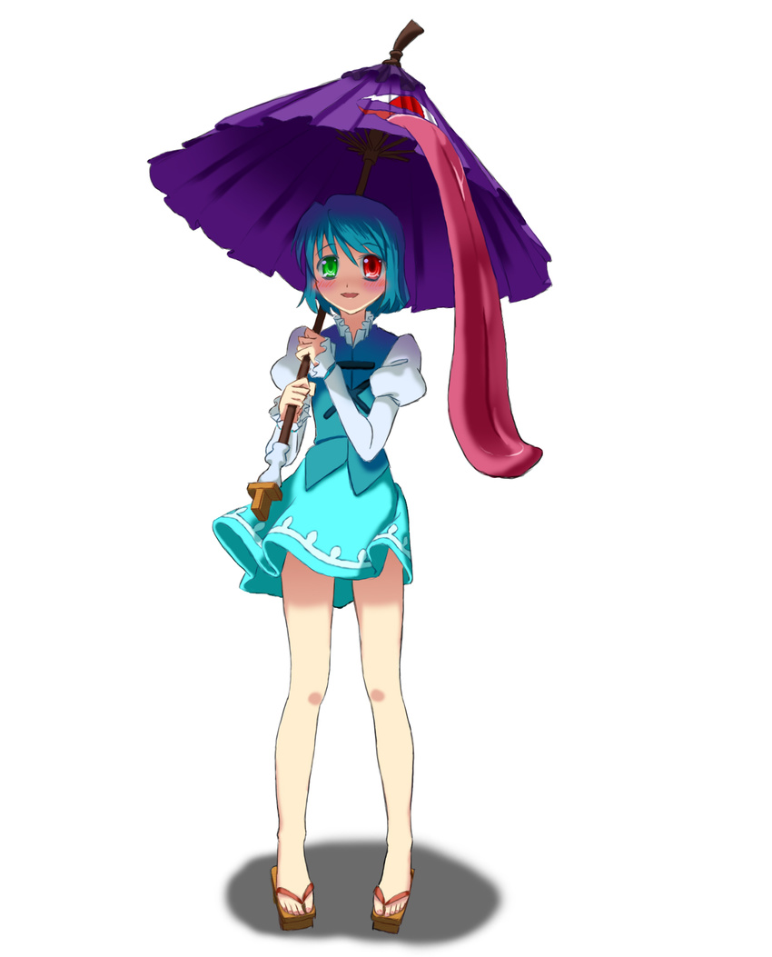 blue_hair feet geta green_hair heterochromia highres karakasa_obake oriental_umbrella purple_umbrella red_eyes sandals short_hair solo tatara_kogasa tongue touhou umbrella ww90055