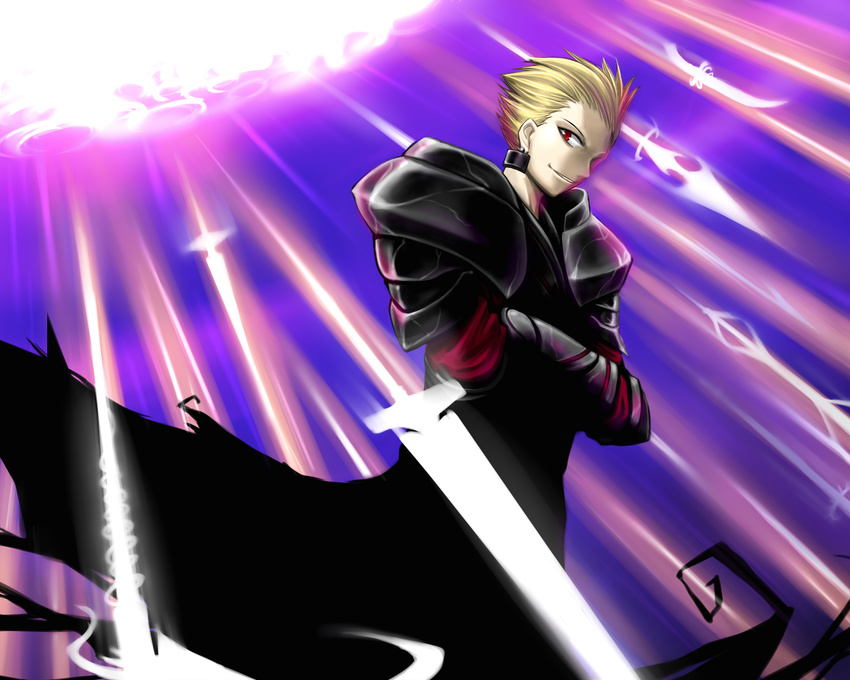 absurdres alternate_costume blonde_hair fate/stay_night fate_(series) gilgamesh hair_slicked_back highres male_focus painfultree red_eyes solo sword weapon