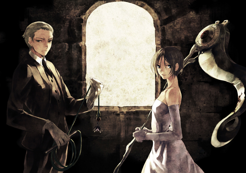 1girl amanohana bad_id bad_pixiv_id bare_shoulders blue_eyes brown_hair copyright_request dress elbow_gloves flower formal gloves necktie smile staff suit weapon whip window