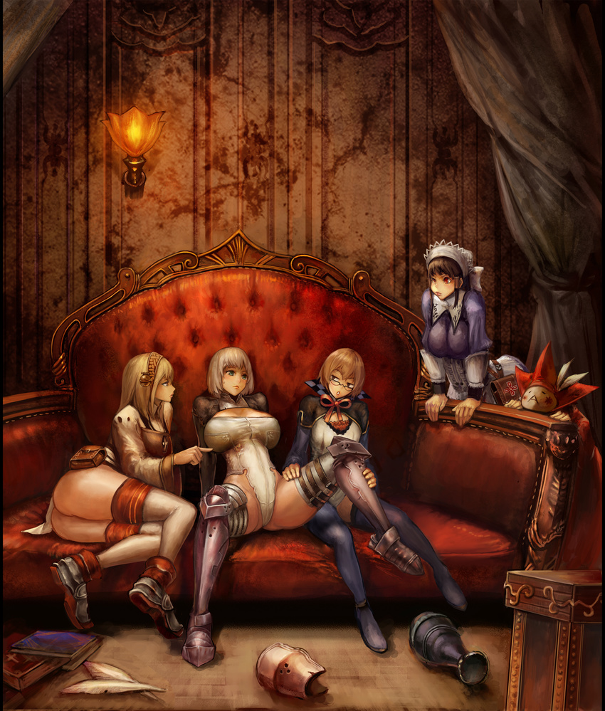 absurdres armor ass bad_id bad_pixiv_id blonde_hair book breasts brown_hair couch curtains fantasy_earth_zero feathers glasses green_eyes highres huge_breasts lamp large_breasts legs maid multiple_girls n.a. pouch red_eyes