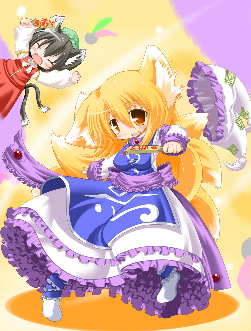 animal_ears blonde_hair brown_hair cat_ears cat_tail chen closed_eyes dress fang fox_ears fox_tail frilled_dress frills hat hat_removed headwear_removed highres koha long_sleeves multiple_girls multiple_tails orange_eyes pillow_hat short_hair tail tassel touhou yakumo_ran yellow_eyes