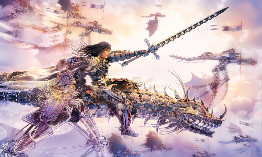 army arsenixc bad_id bad_pixiv_id banner copyright_request dragon flying mechanical solo_focus sword weapon