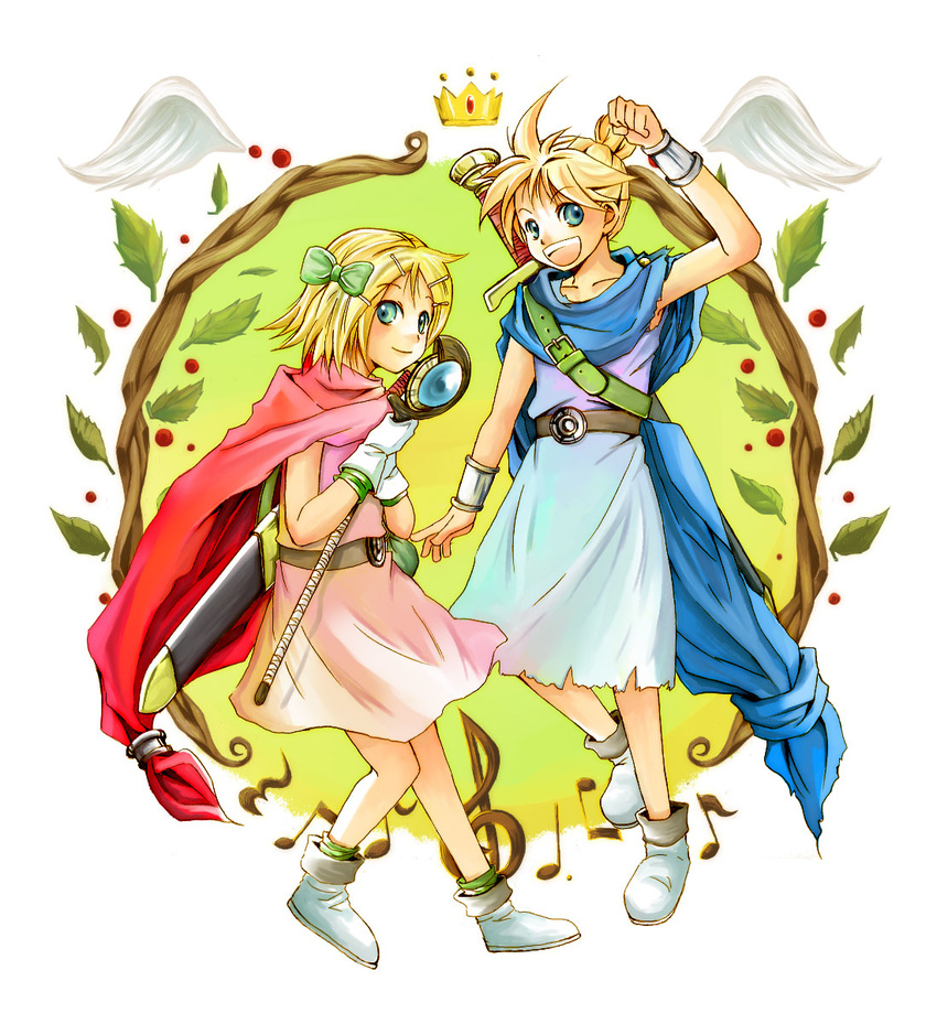 1girl bianca's_daughter bianca's_daughter_(cosplay) bianca's_son bianca's_son_(cosplay) blonde_hair blue_eyes bow cape cosplay dragon_quest dragon_quest_v gloves hair_bow hair_ornament hairclip highres kagamine_len kagamine_rin musical_note short_hair staff vocaloid yamasu