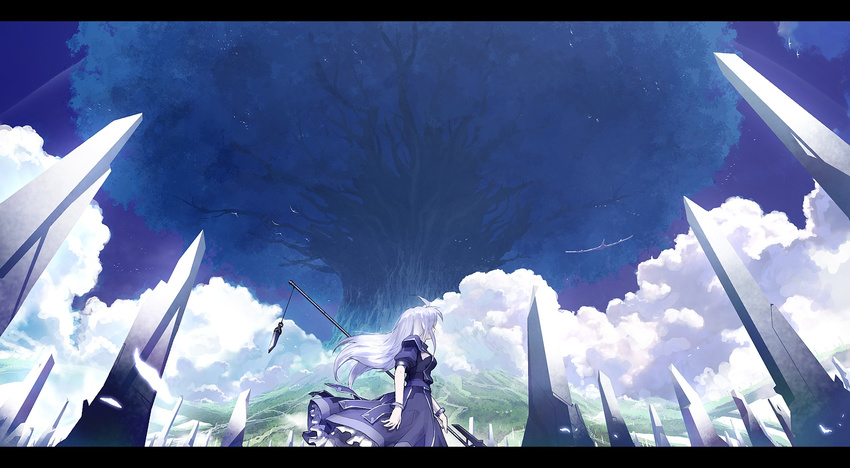 cloud crystal day dress highres letterboxed obelisk original rod sky solo tree tsukuba_masahiro white_hair