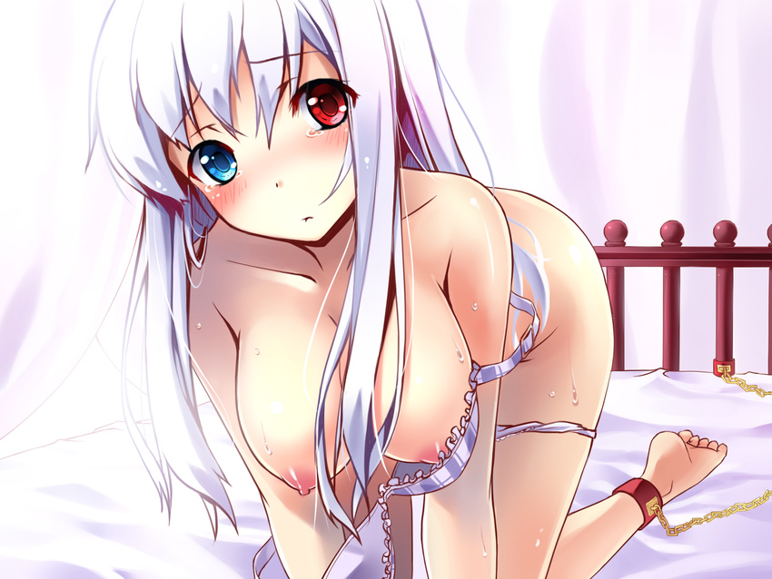 all_fours ame_no_uta ankle_cuffs barefoot bdsm bed bed_sheet blue_eyes blush bondage bound bra breasts chain hanging_breasts heterochromia highres large_breasts long_hair looking_at_viewer nipples original red_eyes solo strap_slip striped striped_bra tears underwear white_hair