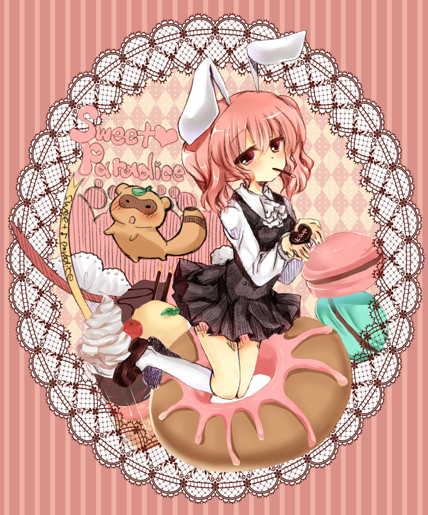 blush candy doughnut engrish food heart highres inu_x_boku_ss pink_eyes pink_hair ranguage roromiya_karuta skirt solo suzune_rena tanuki