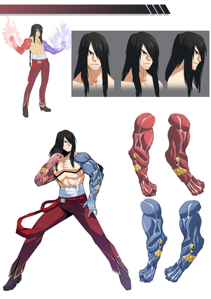 asymmetrical_limbs belt black_hair blue_fire boots character_request character_sheet fearless_night fighting_stance fire hair_over_one_eye highres long_hair male_focus muscle pants pectorals sarashi scar shirtless solo spike_wible steam