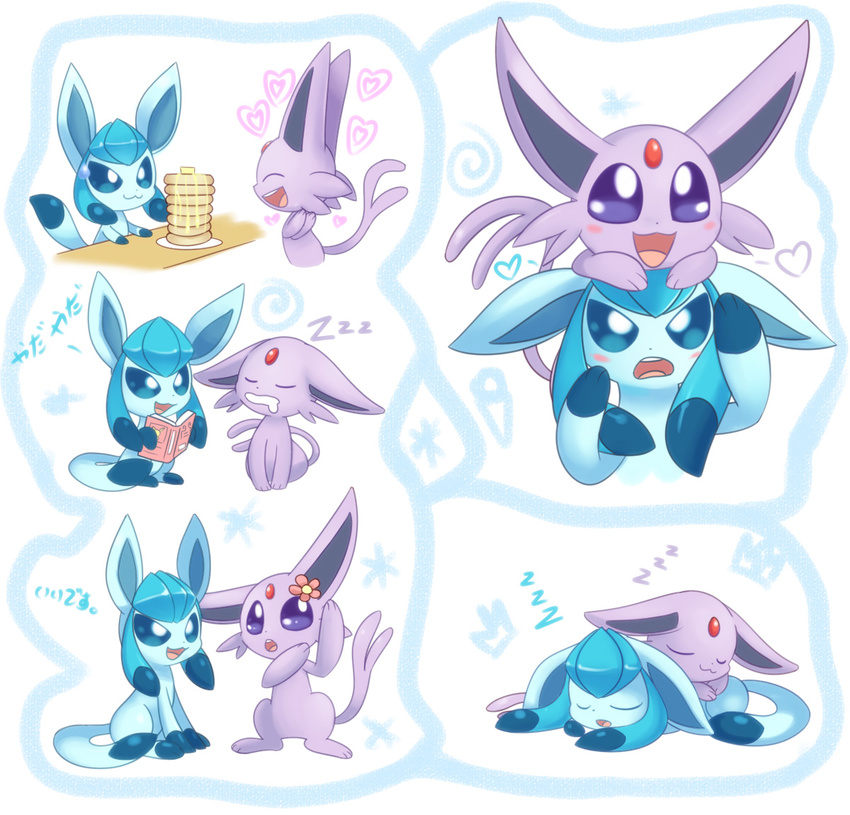 :o blue_eyes blush book bukoya closed_eyes drooling espeon flower food forked_tail gen_2_pokemon gen_4_pokemon glaceon hair_flower hair_ornament heart holding holding_book no_humans on_head open_book open_mouth pancake pokemon pokemon_(creature) pokemon_on_head purple_eyes siblings sisters sitting sleeping smile sweatdrop tail translated v-shaped_eyebrows zzz