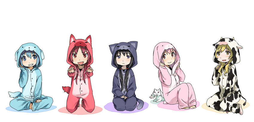 akemi_homura animal_ears blush kaname_madoka mahou_shoujo_madoka_magica miki_sayaka pajamas sakura_kyouko tail tomoe_mami white yoplait