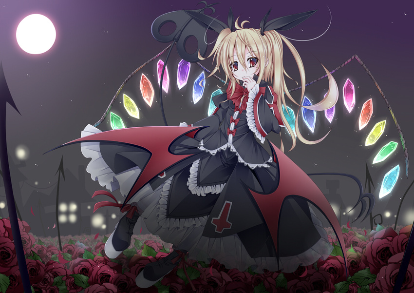 blazblue blonde_hair bow cosplay cross dress flandre_scarlet flower flying full_moon futase_hijiri gothic_lolita hair_ribbon hand_on_own_chin inverted_cross laevatein layered_dress light lolita_fashion looking_at_viewer moon night no_hat no_headwear outdoors platform_footwear rachel_alucard rachel_alucard_(cosplay) red_bow red_eyes red_flower red_rose red_wings ribbon rose short_hair side_ponytail sky solo star_(sky) starry_sky touhou wings