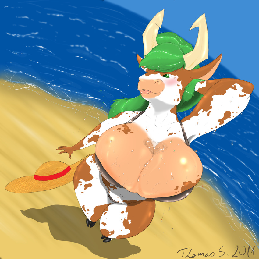 bikini bovid bovine breasts cattle claevage cleavage clothed clothing female green_hair hair hat hooves horn huge_breasts mammal sea solo standing swimmsuit swimsuit sysygy tight_clothing voluptuous water