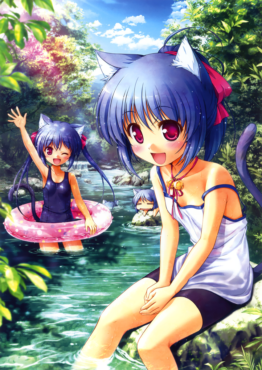 :d ;d =_= absurdres animal_ears bekkankou bell bike_shorts blue_hair breasts cat_ears cat_tail forest highres huge_filesize innertube jingle_bell long_hair multiple_girls nature one-piece_swimsuit one_eye_closed open_mouth original ponytail red_eyes scan school_swimsuit sitting small_breasts smile soaking_feet strap_slip stream sunlight swimsuit tail twintails wading water waving wet