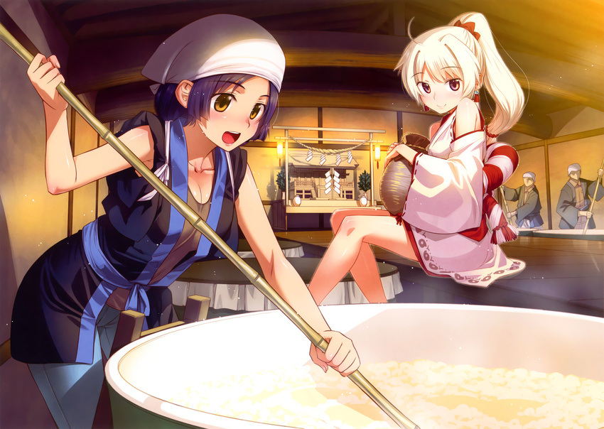 absurdres bare_shoulders blue_hair breasts brown_eyes cleavage copyright_request detached_sleeves hat highres huge_filesize koume_keito leaning_forward medium_breasts multiple_girls ponytail pot purple_eyes scan sitting smile stirring tasuki tenugui white_hair