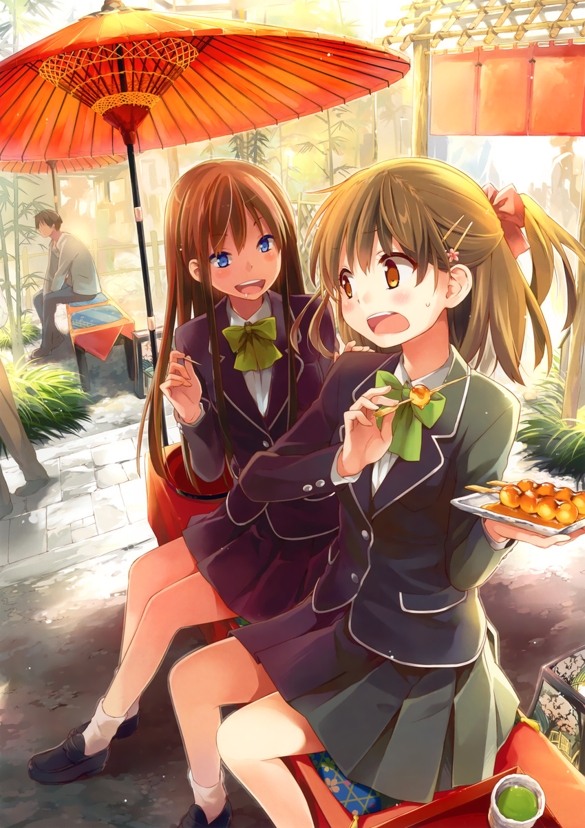 :d absurdres blazer blue_eyes bow bowtie brown_eyes brown_hair copyright_request dango drooling eretto food hair_bow hair_ornament hairclip half_updo highres huge_filesize jacket loafers long_hair multiple_girls open_mouth pleated_skirt scan school_uniform shoes sitting skirt smile socks sweatdrop tea wagashi white_legwear