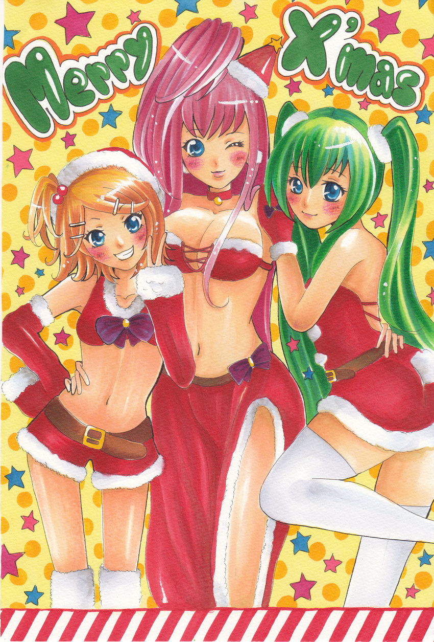 bad_id bad_pixiv_id belt blonde_hair blue_eyes blush christmas gloves green_hair grin hair_ornament hairclip hat hatsune_miku highres irodori_(arar37) kagamine_rin long_hair marker_(medium) megurine_luka midriff multiple_girls navel one_eye_closed pastel_(medium) pink_hair short_shorts shorts smile star thighhighs traditional_media v very_long_hair vocaloid