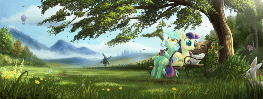 aircraft amber_eyes being_watched blue_eyes bon_bon bonbon bonbon_(mlp) cup cutie_mark detailed_background devinian duo equine eyewear female friendship_is_magic fur goggles green_eyes green_fur group hair hi_res horn horse hot_air_balloon lagomorph lyra lyra_heartstrings_(mlp) mammal my_little_pony pinkie_pie_(mlp) pony rabbit sitting straw tree two_tone_hair unicorn windmill