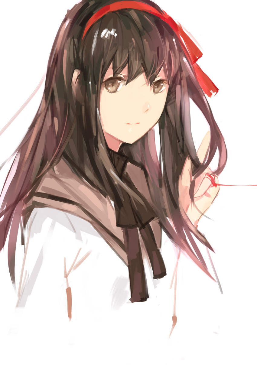 absurdres akemi_homura black_hair brown_eyes hair_ribbon highres long_hair long_sleeves mahou_shoujo_madoka_magica red_string ribbon road_233 sketch smile solo string traditional_media white_background