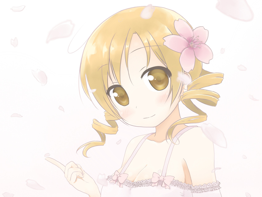 bad_id bad_pixiv_id blonde_hair blush breasts cherry_blossoms cleavage commentary_request drill_hair flower hair_flower hair_ornament highres kinehansuke looking_at_viewer mahou_shoujo_madoka_magica medium_breasts petals smile solo tomoe_mami twin_drills twintails yellow_eyes