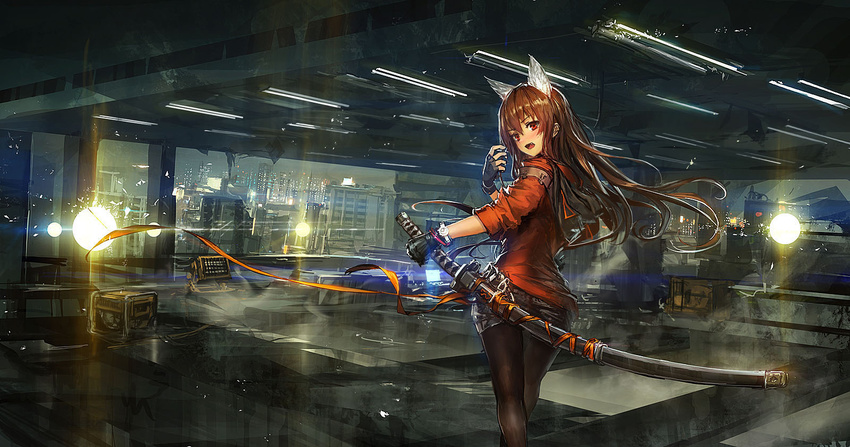 animal_ears black_gloves black_legwear brown_hair building cat_ears city crossed_legs fang fingerless_gloves from_behind gloves highres katana lamp lm7_(op-center) long_hair looking_back open_mouth original pantyhose red_eyes sheath sheathed short_shorts shorts solo standing sword watch weapon wristwatch