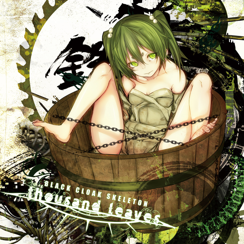bare_shoulders barefoot bucket chain eyebrows green_eyes green_hair hair_bobbles hair_ornament highres kisume long_hair off_shoulder rib:y(uhki) sitting solo spread_legs touhou twintails wooden_bucket