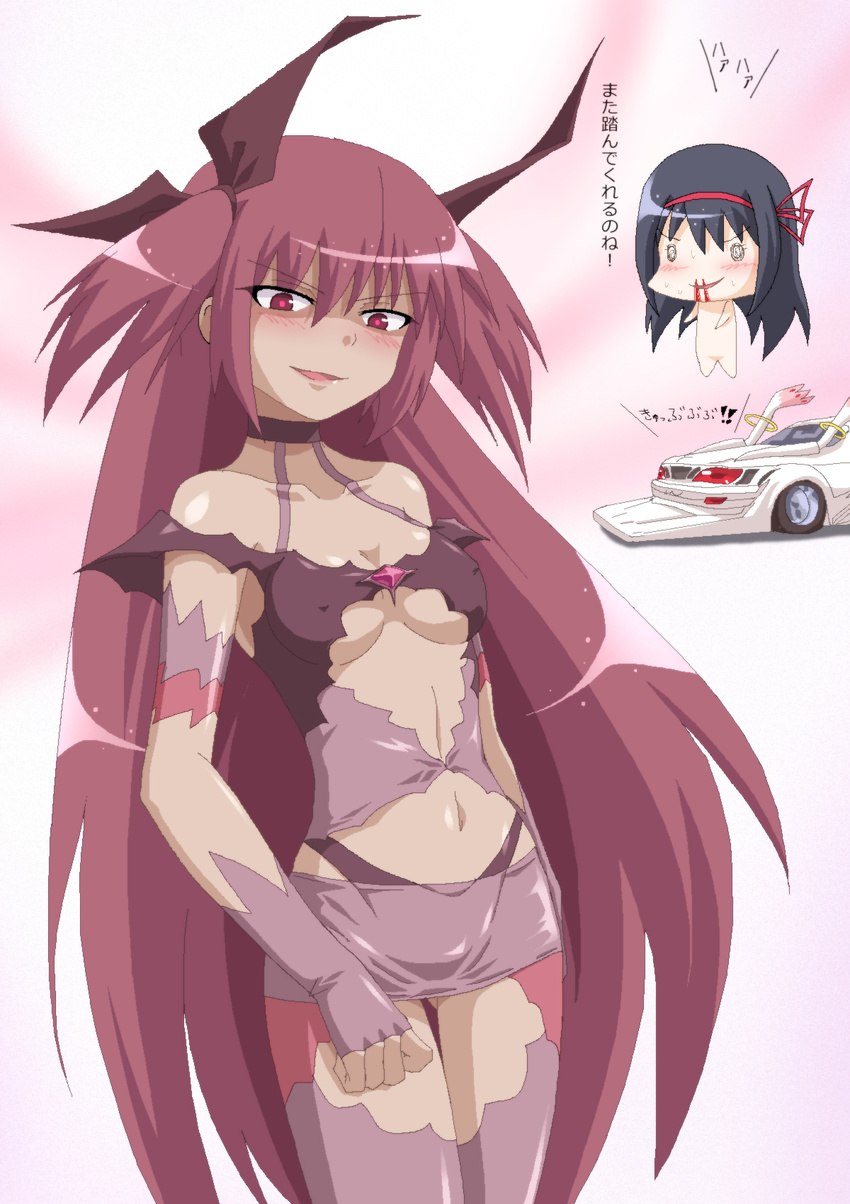 akemi_homura black_hair blood breasts covered_nipples dark_persona fingerless_gloves gloves hair_ribbon hayashiya_zankurou highres kaname_madoka kriemhild_gretchen kyubey long_hair mahou_shoujo_madoka_magica medium_breasts miniskirt multiple_girls nosebleed objectification panties personification race_queen red_eyes red_hair ribbon skirt thighhighs thong two_side_up underboob underwear very_long_hair witch_(madoka_magica)