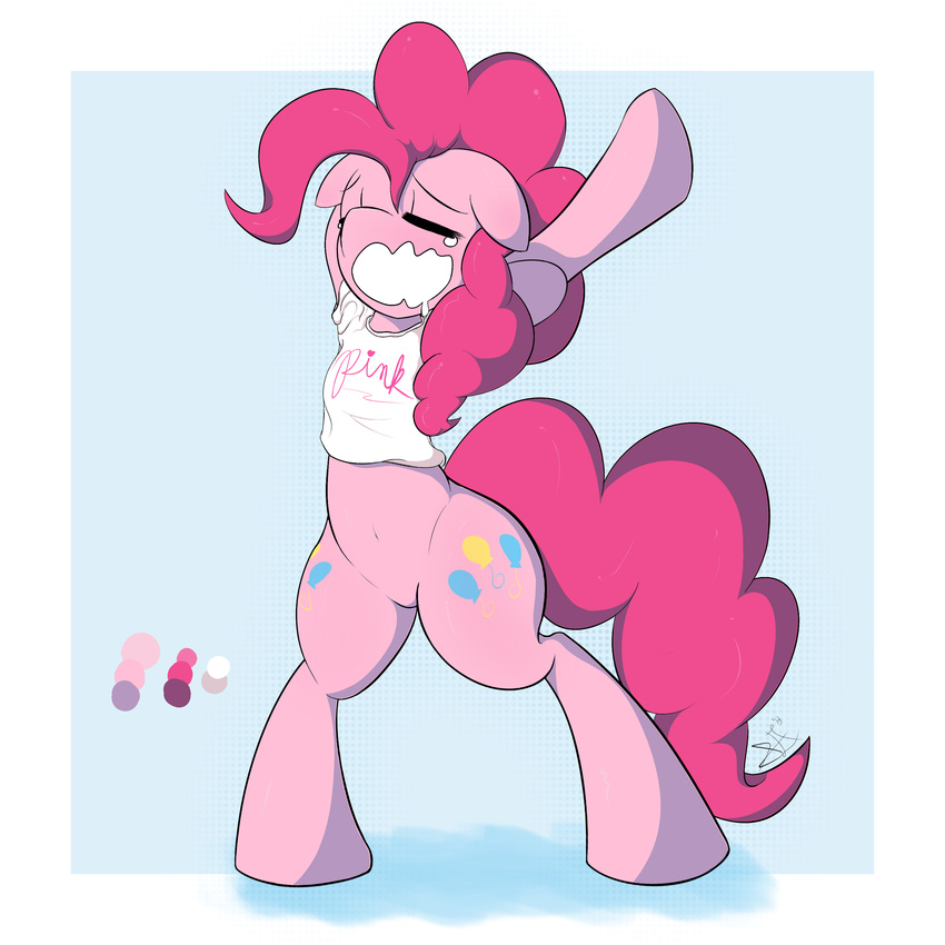 clothing equine female friendship_is_magic fur hair horse mammal my_little_pony open_mouth pink_fur pink_hair pinkie_pie_(mlp) pony shirohomura shirt signature solo waking_up yawn