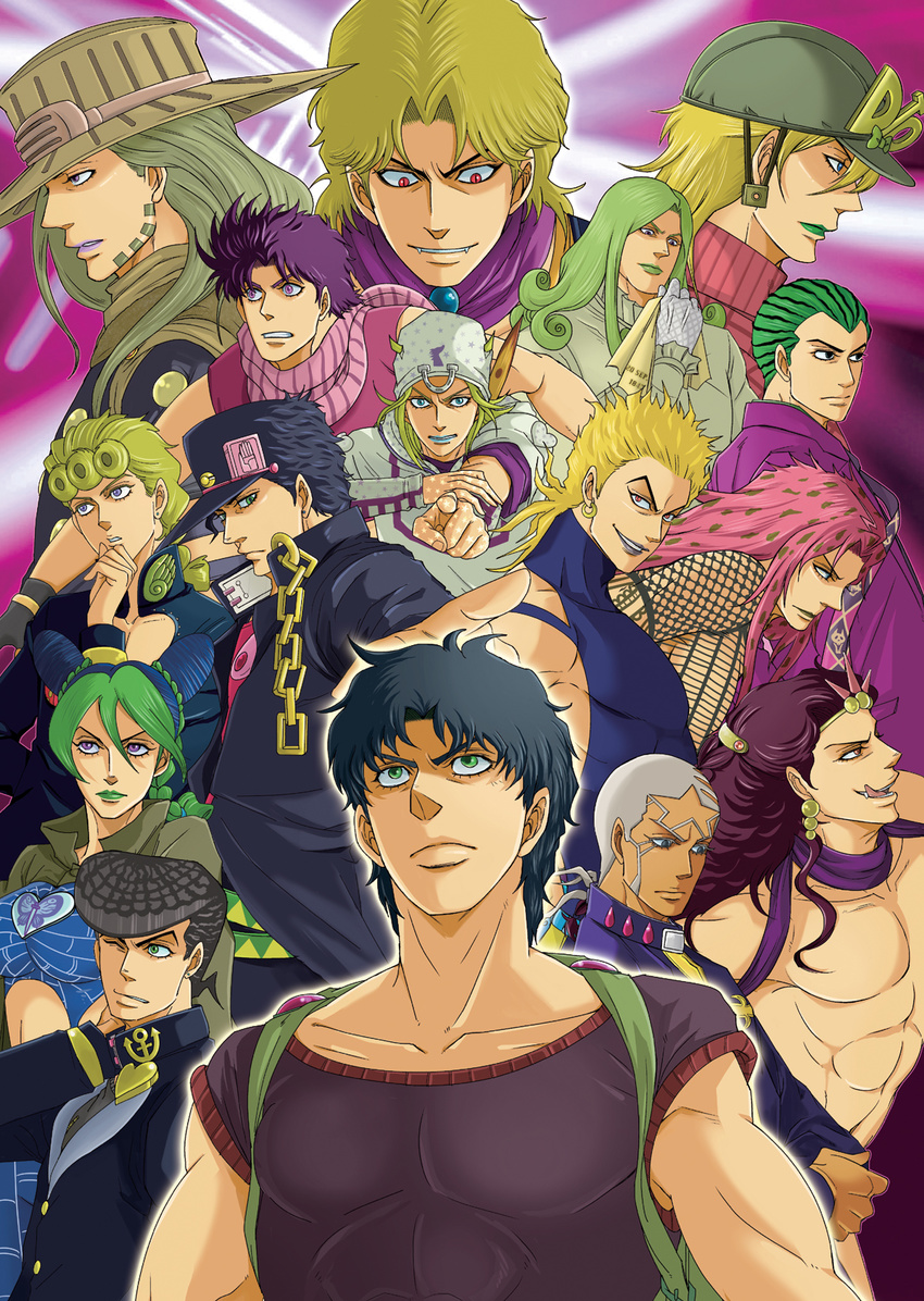 6+boys diavolo diego_brando dio_brando enrico_pucci everyone funny_valentine giorno_giovanna gyro_zeppeli higashikata_jousuke highres johnny_joestar jojo_no_kimyou_na_bouken jonathan_joestar joseph_joestar_(young) kars_(jojo) kira_yoshikage kuujou_jolyne kuujou_joutarou mangattan multiple_boys steel_ball_run