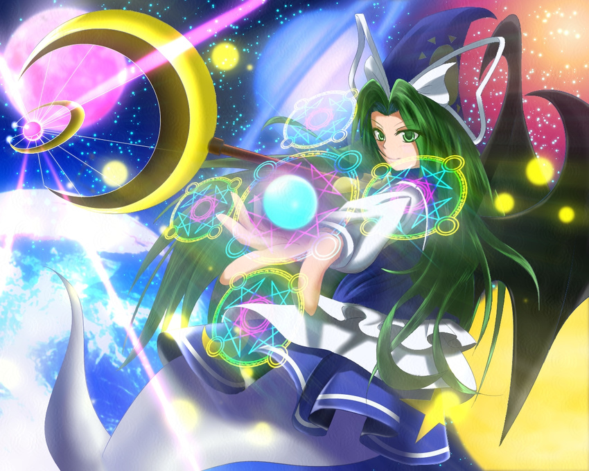 beam crescent demon_wings earth ghost_tail green_eyes green_hair hair_in_mouth hat hat_ribbon kuon_no_rakuen light_particles long_hair looking_away magic_circle mima moon open_hand outstretched_arm pentagram red_moon ribbon skirt skirt_set smile solo space staff touhou touhou_(pc-98) wings wizard_hat